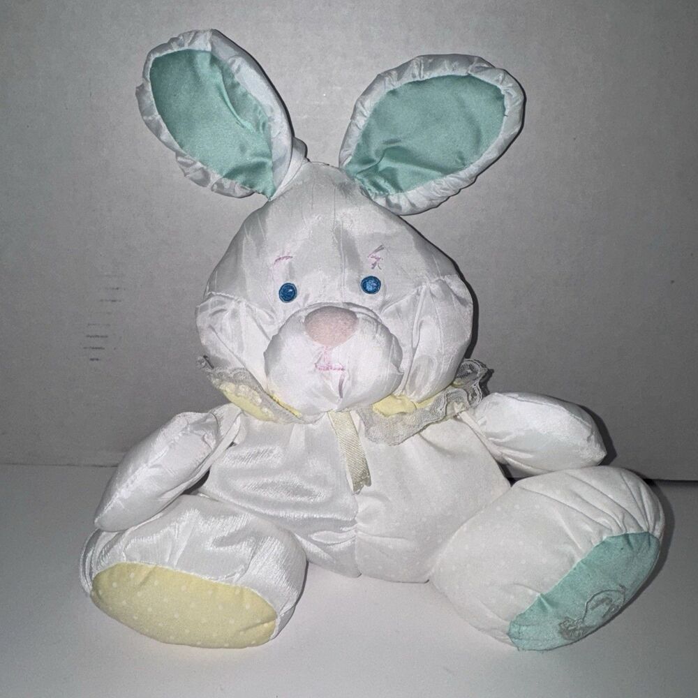 Vintage Fisher Price Baby Puffalumps Bunny #1359 1988 White Aqua Rabbit Rattle